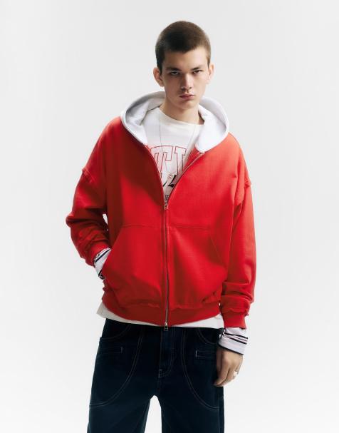 Pull&Bear - Hoodie met contrast en rits in rood - view 1