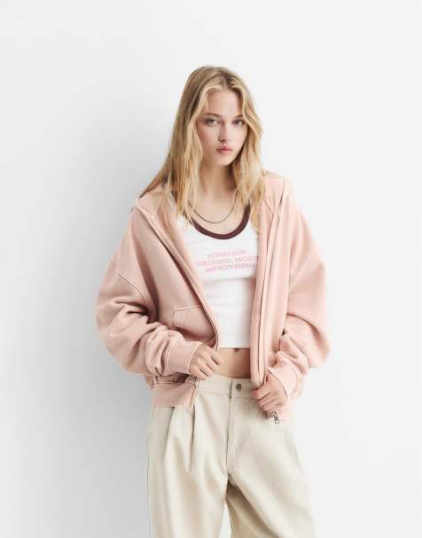 Pull&Bear - Hoodie met logo en rits in roze - view 1