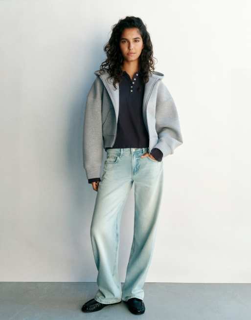 Pull&Bear hoodie met neopreenlook en rits in gemêleerd grijs, 4 van 7