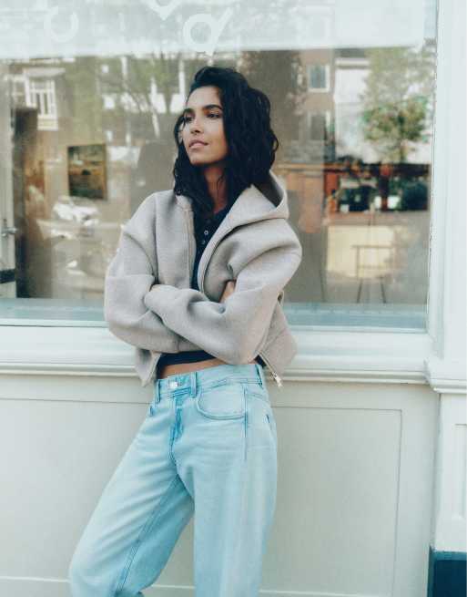 Pull&Bear hoodie met neopreenlook en rits in gemêleerd grijs, 6 van 7