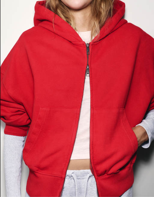 Pull&Bear hoodie met rits in rood, 5 van 7