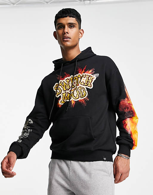 Pull&bear hoodie with burning down print co-ord in black