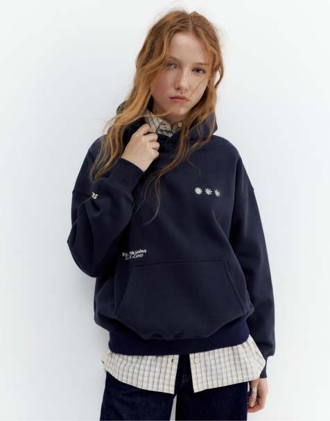 Pull&Bear Hoodie with embroidered graphic in ink blue