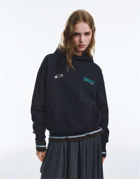Pull&Bear Hoodie with star text in navy