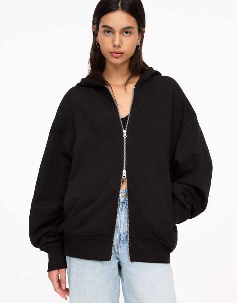 Pull&Bear Hoodie with zip in black - view 1