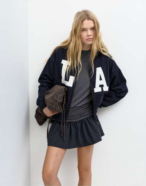 Pull&Bear Hoodie with zipper and graphic in navy - view 1