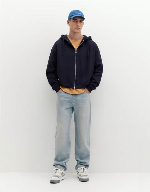 Pull&Bear Hoodie with zipper in navy, 4 of 7