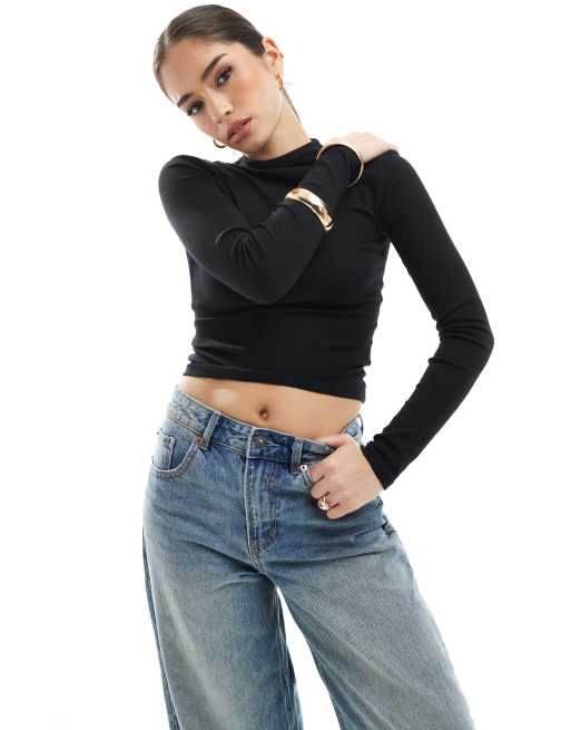 Pull&Bear - Hoogsluitend T-shirt met lange mouwen in zwart