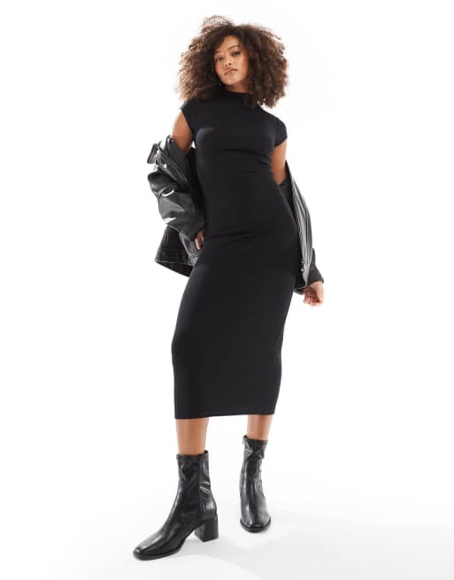 Pull&Bear - Hoogsluitende midi jurk met korte mouwen in zwart