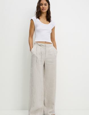 Pull & Bear - Hose aus 100% Leinen in Hellbraun