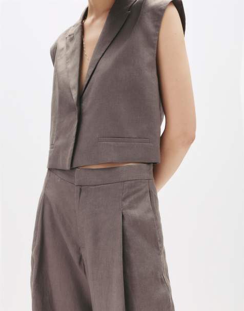 Pull&Bear – Hose aus 100% Leinen in Taupe mit Bundfalten - view 1