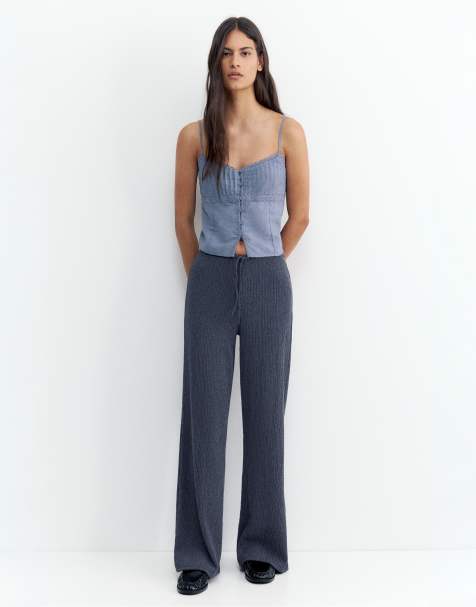 Pull&Bear – Hose aus Kreppstoff in Marineblau mit weitem Beinschnitt - view 1