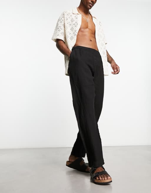Pull&Bear – Hose aus Leinen in Schwarz mit weitem Bein