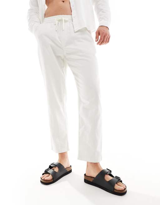 Pull&Bear – Hose aus Leinenimitat in Ecru mit weitem Bein