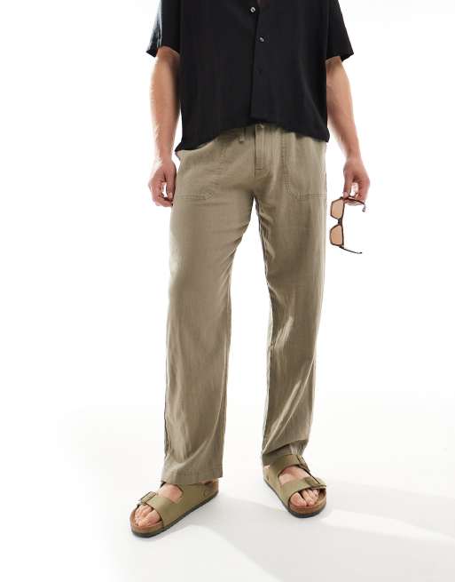 Pull&Bear – Hose aus Leinenmix in Khaki