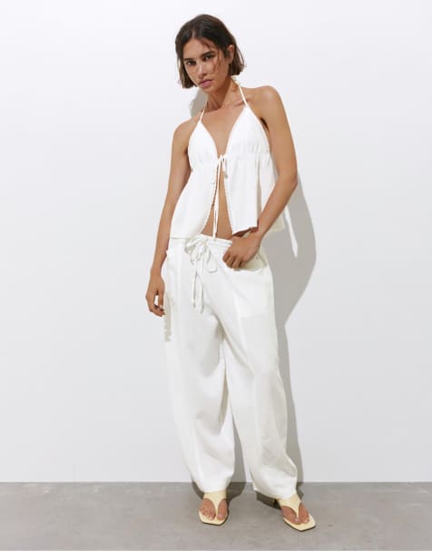 Pull&Bear – Hose aus Leinenmix in Weiß - view 1