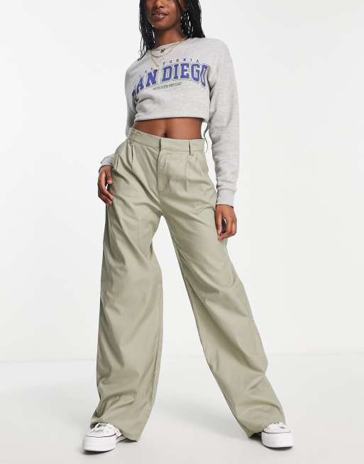 Pull&Bear – Hose in Khaki mit hohem Bund und weitem Bein 