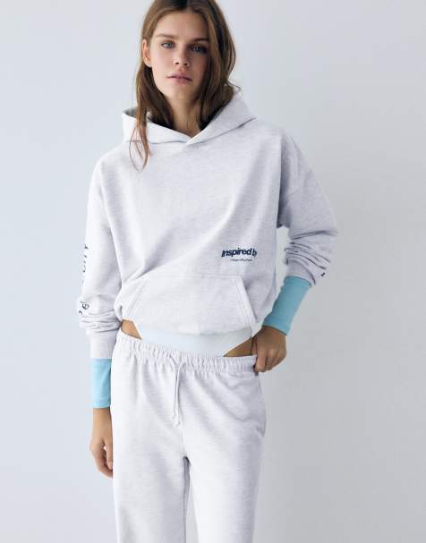 Pull&Bear hættetrøje med grafisk print i gråmeleret - view 1