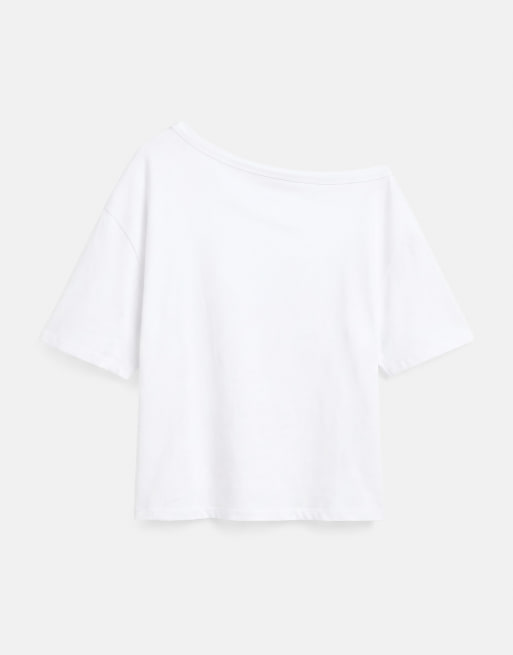 Pull&Bear - Hvid asymmetrisk T-shirt med korte ærmer, 5 af 7
