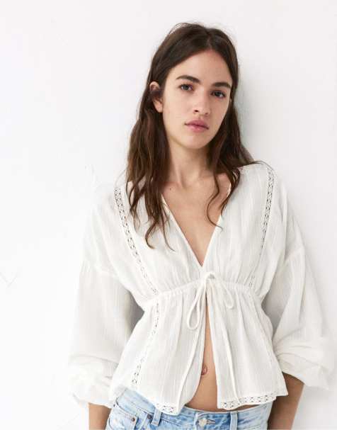 Pull&Bear - Hvid bluse med broderier - view 1