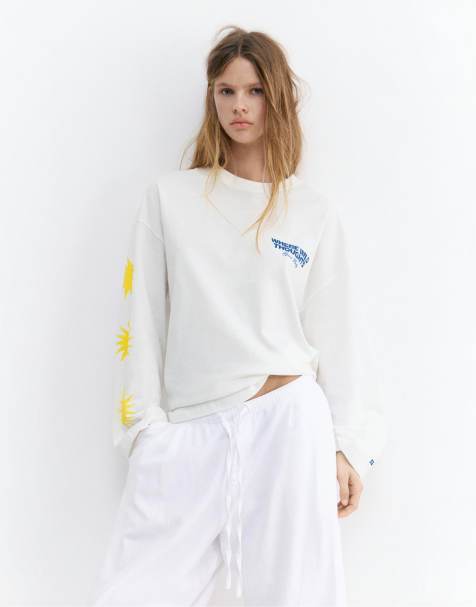 Pull&Bear - Hvid langærmet T-shirt med solgrafik - view 1