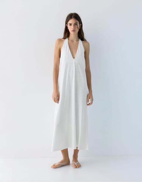 Pull&Bear - Hvid midikjole med halternck - view 1