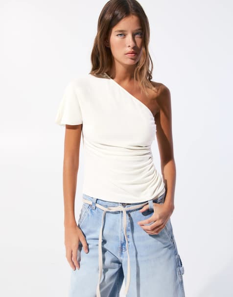 Pull&Bear - Hvid oneshoulder-top med korte ærmer og rynker - view 1