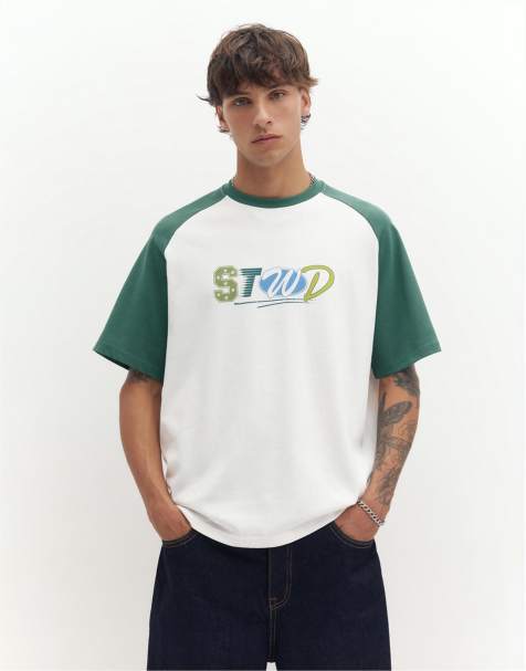 Pull&Bear - Hvid raglan-T-shirt med korte ærmer og 'STWD'-print - view 1