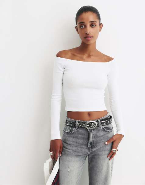 Pull&Bear - Hvid ribstrikket T-shirt med dyb rund hals - view 1