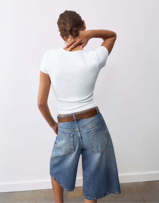 Pull&Bear - Hvid ribstrikket T-shirt med korte ærmer, 2 af 7