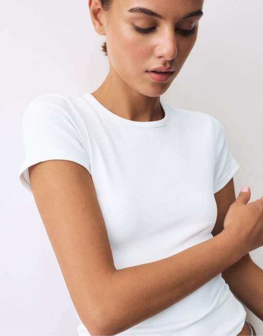 Pull&Bear - Hvid ribstrikket T-shirt med korte ærmer, 3 af 7