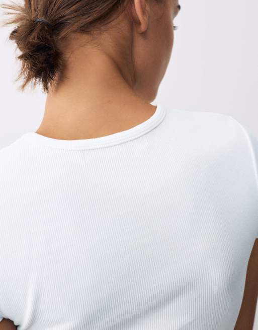 Pull&Bear - Hvid ribstrikket T-shirt med korte ærmer, 5 af 7