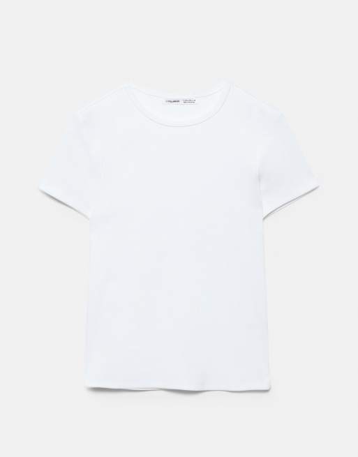 Pull&Bear - Hvid ribstrikket T-shirt med korte ærmer, 6 af 7
