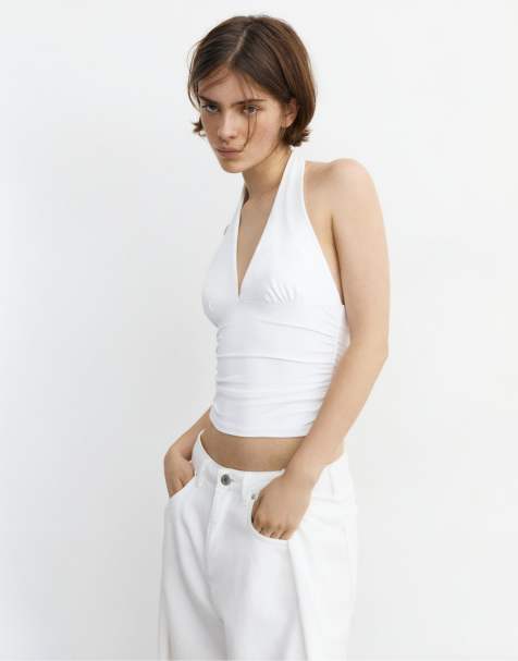 Pull&Bear - Hvid rynket halterneck-overdel - view 1