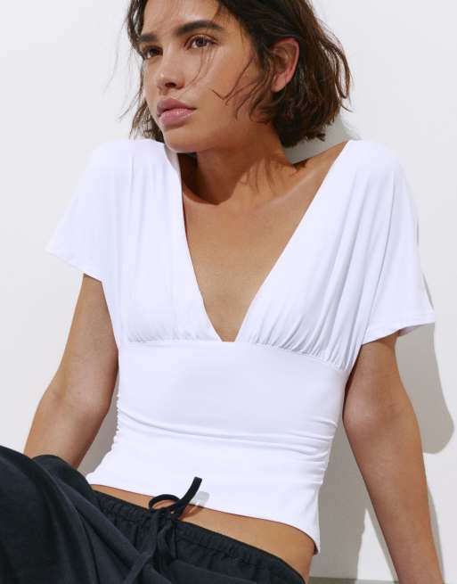 Pull&Bear - Hvid rynket overdel med V-hals, 5 af 7