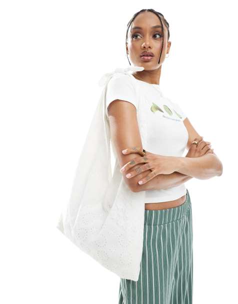 Pull&Bear - Hvid shopper-taske med bindebånd og broderier - view 1