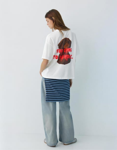 Pull&Bear - Hvid T-shirt med hundegrafik og tekst - view 1