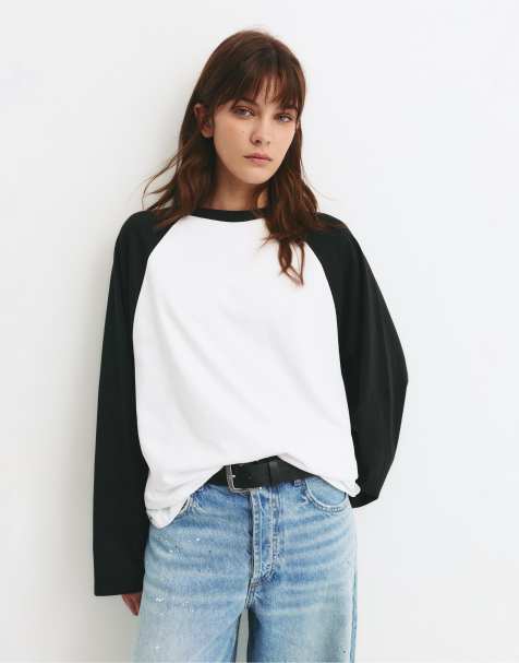 Pull&Bear - Hvid T-shirt med lange kontrastfarvede ærmer - view 1