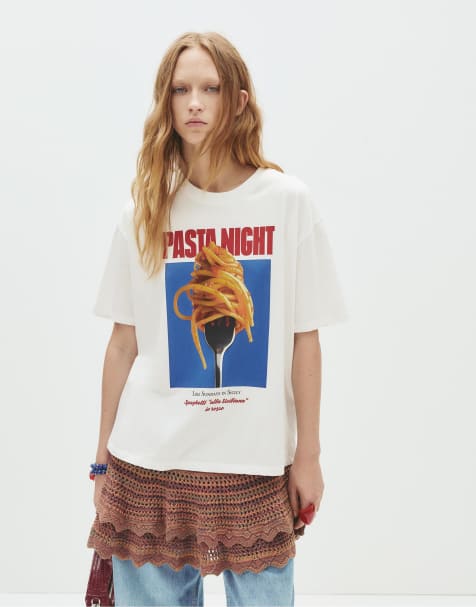 Pull&Bear - Hvid T-shirt med "Pasta Night"-print - view 1