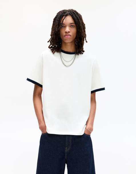 Pull&Bear - Hvid T-shirt med ribstrikkede kontrastkanter - view 1