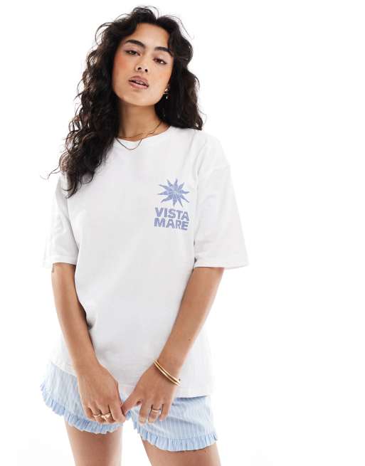 Pull&Bear - Hvid T-shirt med 'Vista Mare'-grafik 