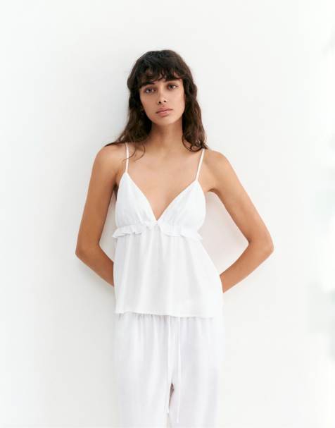 Pull&Bear - Hvid top med flæser i hørblanding - view 1