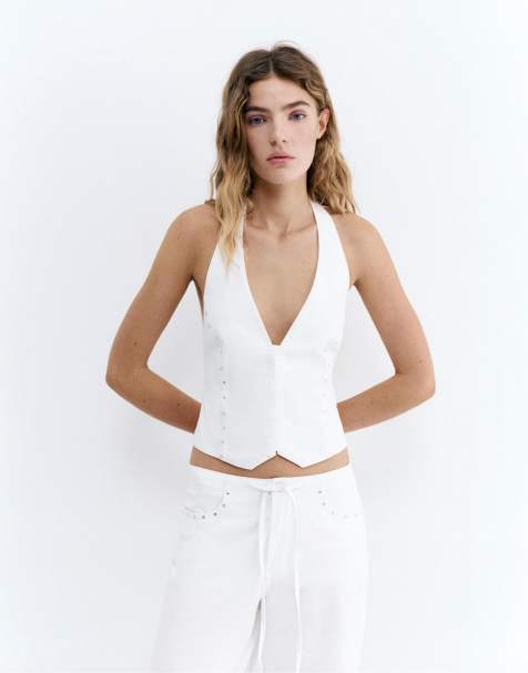 Pull&Bear - Hvid top med halterneck og nitter - view 1