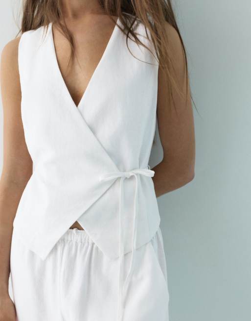 Pull&Bear - Hvid vest i hørblanding med bindebånd i siden, 5 af 7