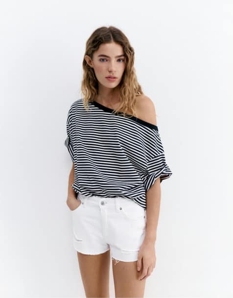 Pull&Bear - Hvide denimshorts i mom fit med flosset sømkant - view 1