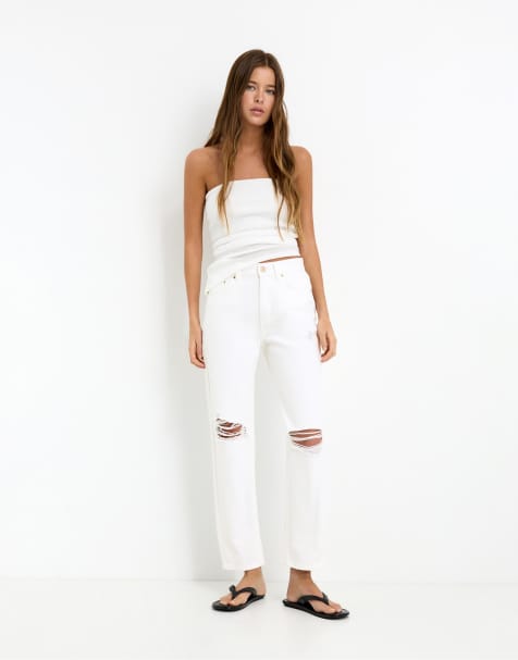 Pull&Bear - Hvide mom-jeans med flænser - view 1