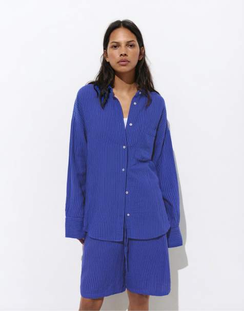 Pull&Bear – Indigoblå, rustik skjorta med ränder - view 1