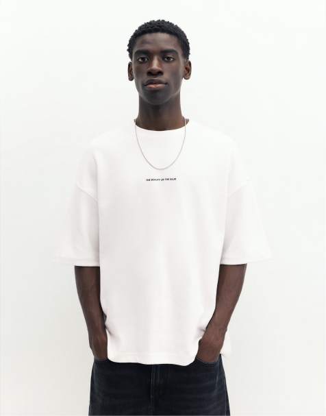 Pull&Bear Interlock fotografisk heavyweight T-shirt i råhvid - view 1