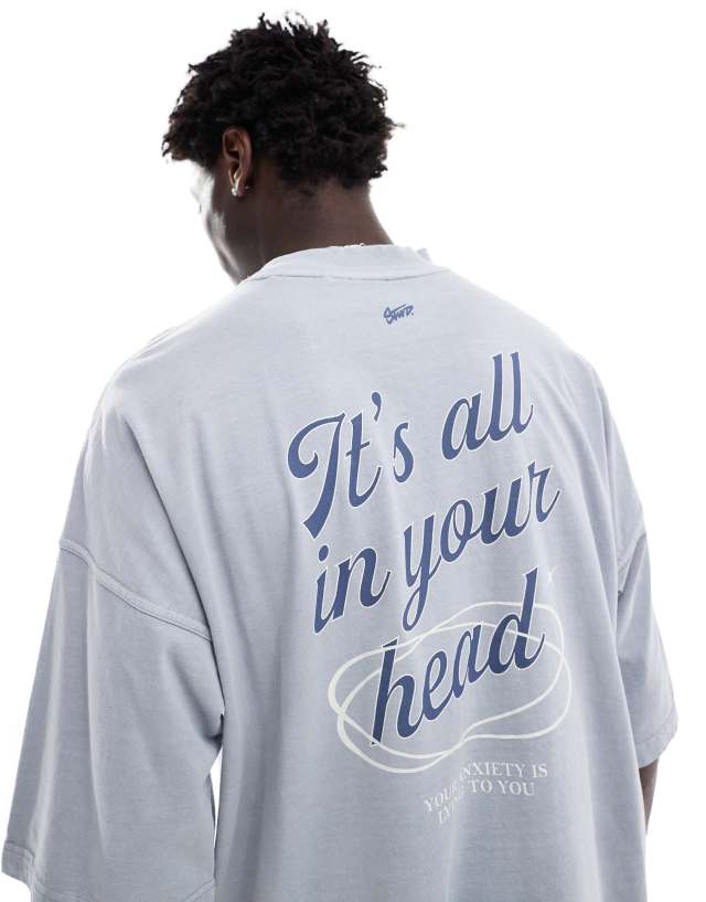 Pull&Bear - it's all in your head printed t-shirt in stone grey