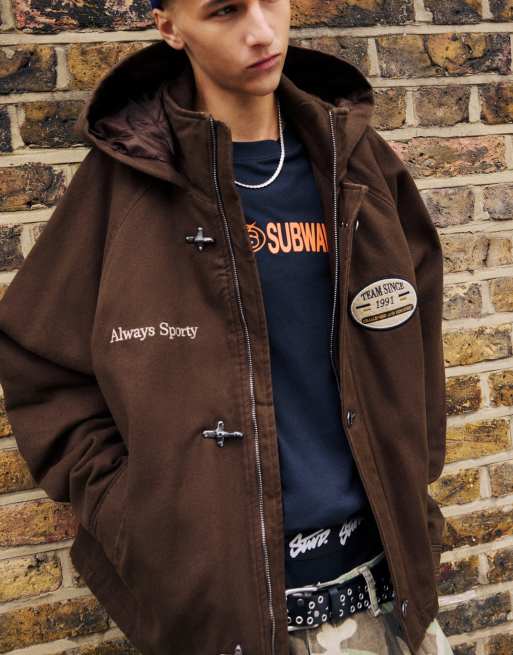 Pull&Bear jack met capuchon en brandweersluiting in bruin, 3 van 7